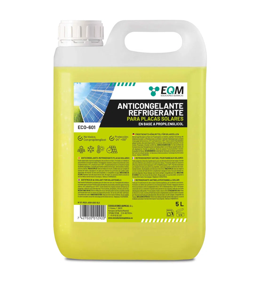 EQM - ECO-601 - Refrigerante-Anticongelante para Placa Solar - 5L - Líquido Caloportador con Base de Propilenglicol - No tóxico