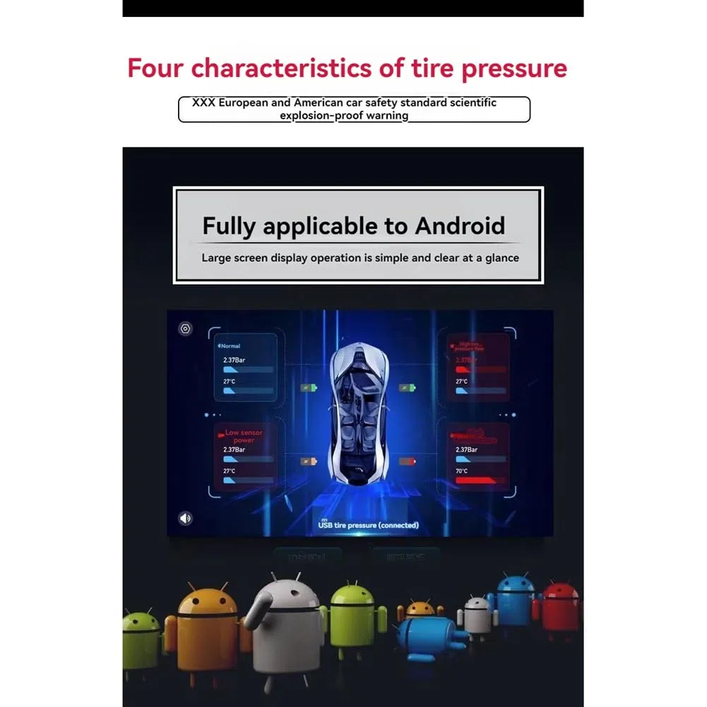 de Monitoreo de Presión de Neumáticos TPMS Inalámbrico Inteligente con USB y Android de 5 V para Navegación, Radio de Automóvil, Pantalla de Alarma Externa