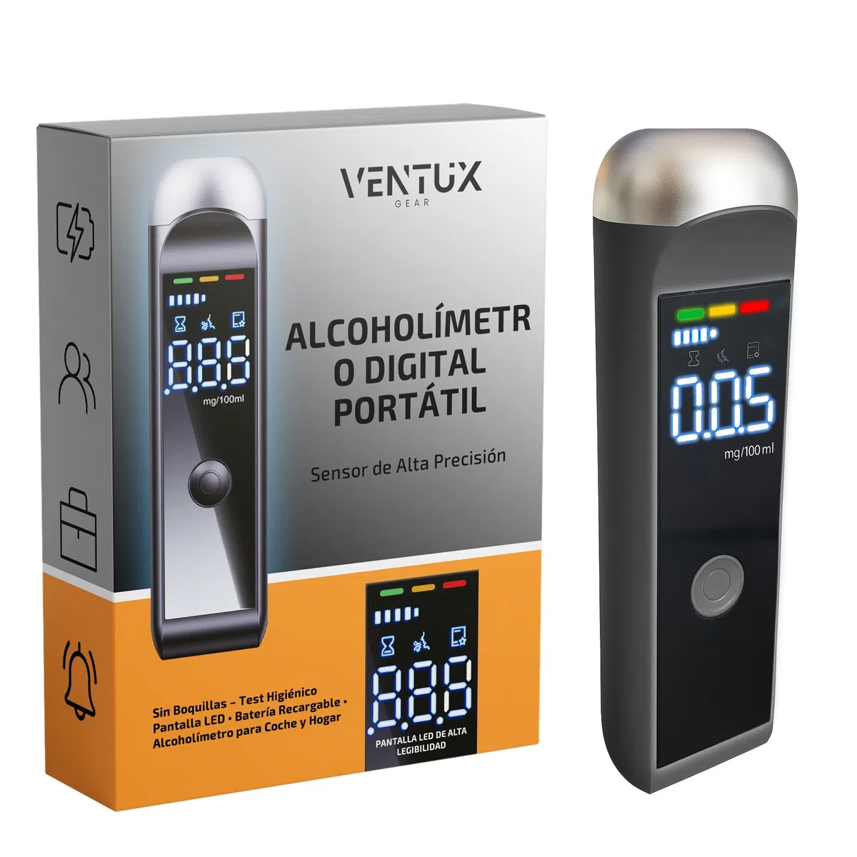 Alcoholímetro Digital Portátil Profesional | Recargable USB con Boquillas Desechables | Sensor Alta Precisión | Pantalla LED | Test de Alcohol Higiénico Coche Casa