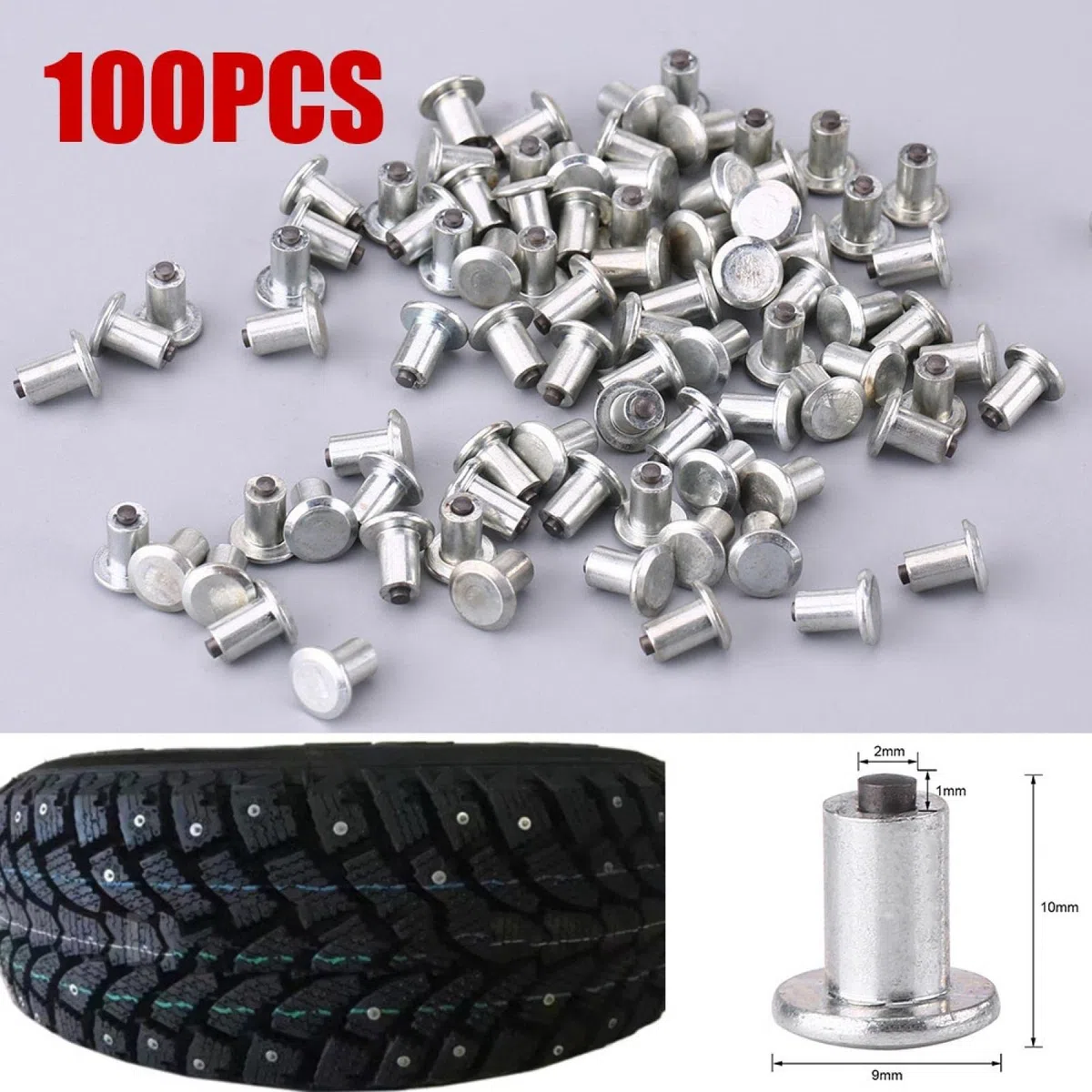 EBTOOLS Espárragos para Neumáticos de Invierno, Crampon Pneu 100 Uds 9mm/0,35 "Tornillos para Neumáticos de Rueda Clavos para Neumáticos de Nieve para Coche Auto SUV ATV