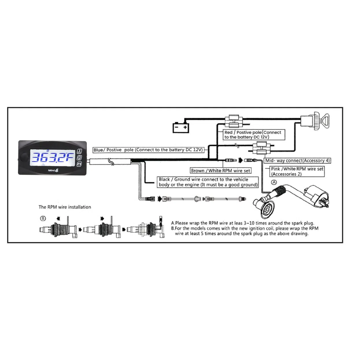 Medidor de Temperatura LCD de 4 Funciones para Motocicleta M14x1.25 Pantalla Digital de 4 Pulgadas Instrumentos Automotrices con Tiempo, Voltaje, Velocidad y Temperatura del