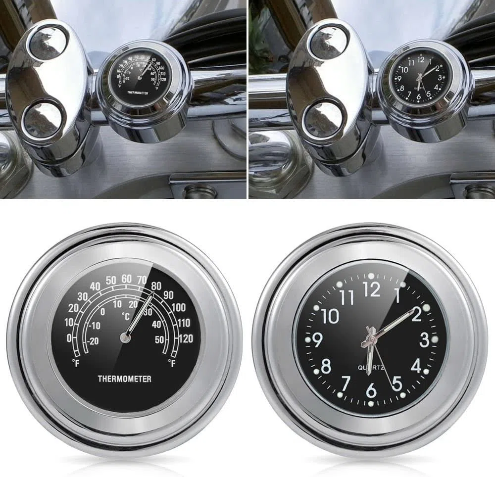 Riloer 2pcs 7/8 Pulgadas Reloj de Manillar de Motocicleta y termómetro Reloj Digital Impermeable Universal (Negro)