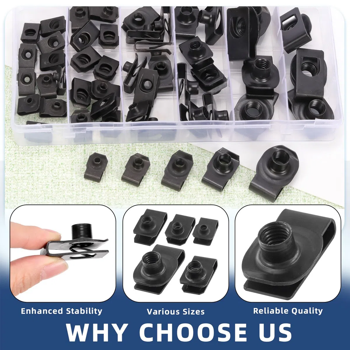 Glarks 50 piezas Kit de tuercas U-clip M4 M5 M6 M8 M10, acero al carbono negro, U-tuerca auto, para motor, guardabarros, parachoques delantero, tablero de instrumentos, panel interior