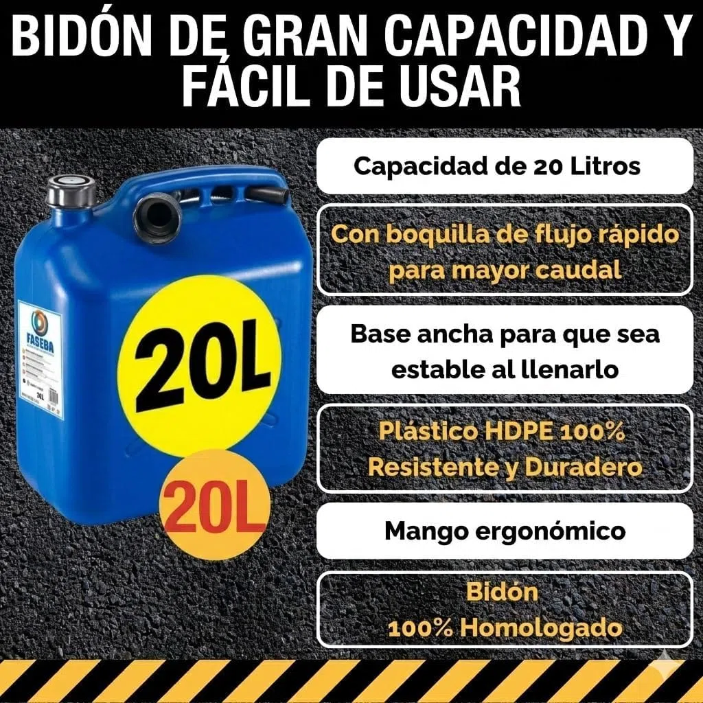 Pack Bidon Gasolina con Embudo de Boquilla Flexible para evitar Derrames - Con Visor de Nivel para facilitar la visibilidad - Con Homologación Oficial - Plástico HDPE Duradero (2, 20 Litros)