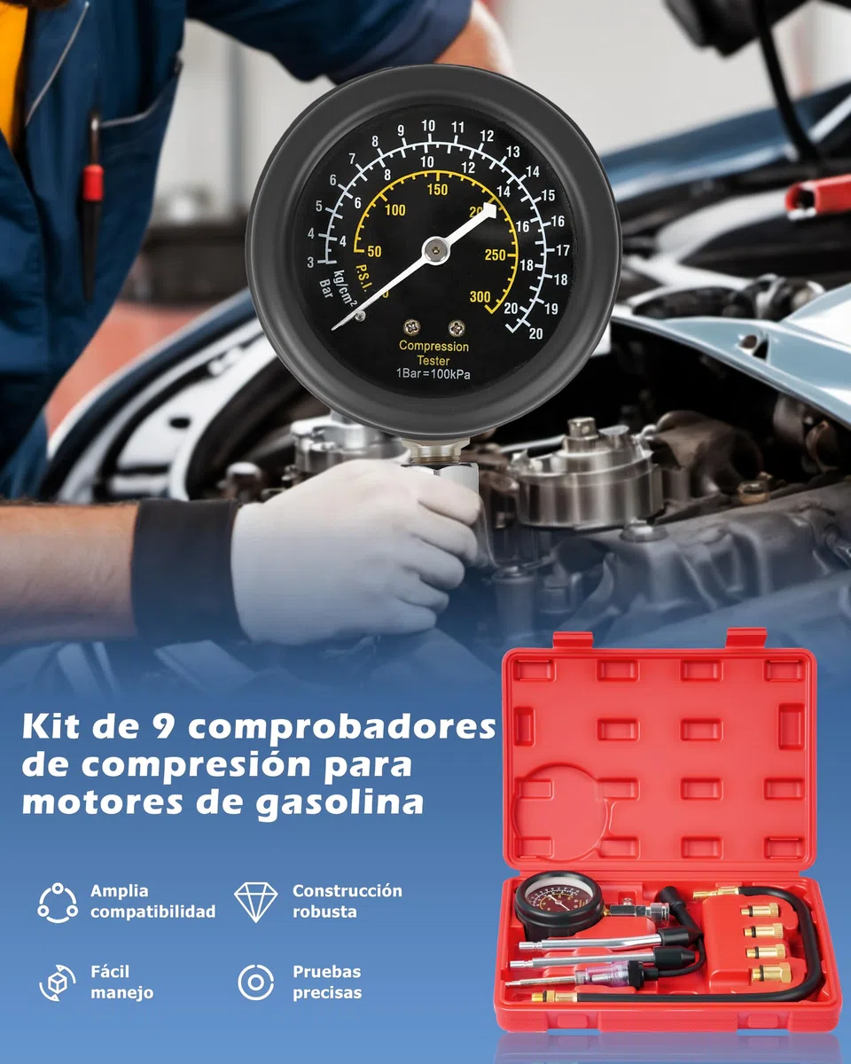 DAYUAN 9 piezas Comprobador de compresión Comprobador de Compresión Motor Comprobar Compresión Medir Coche M10 M12 M14 M18 0-20 bar & 0-300 PSI