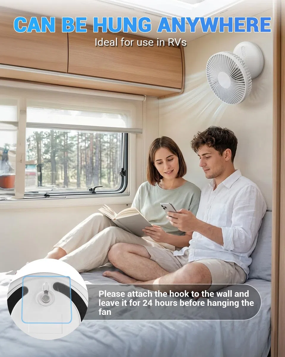 SUPAREE 30dB Ventilador Portátil Silencioso para Autocaravana Recargable de Montaje en Pared para Coche con USB Batería de 4800mAh Luz y 3 Velocidades para Caravana Viajes y Hogar
