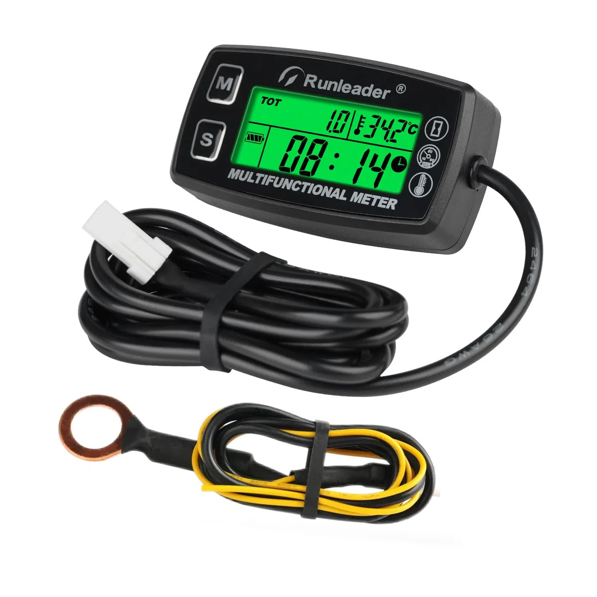 Runleader Medidor digital de horas de tacómetro, indicador de temperatura del motor, RPM de alerta y temperatura, pantalla de retroiluminación para generador de tractor de césped, moto de nieve