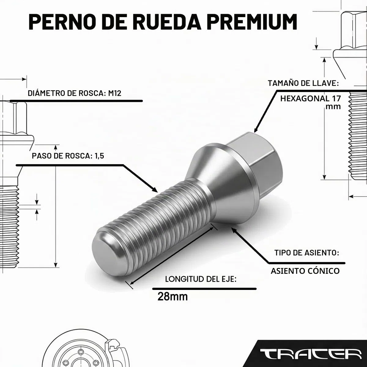 20 Tornillos de Rueda, Pernos, para varios modelos de coche, 12 x 1,5, 28 mm de Longitud