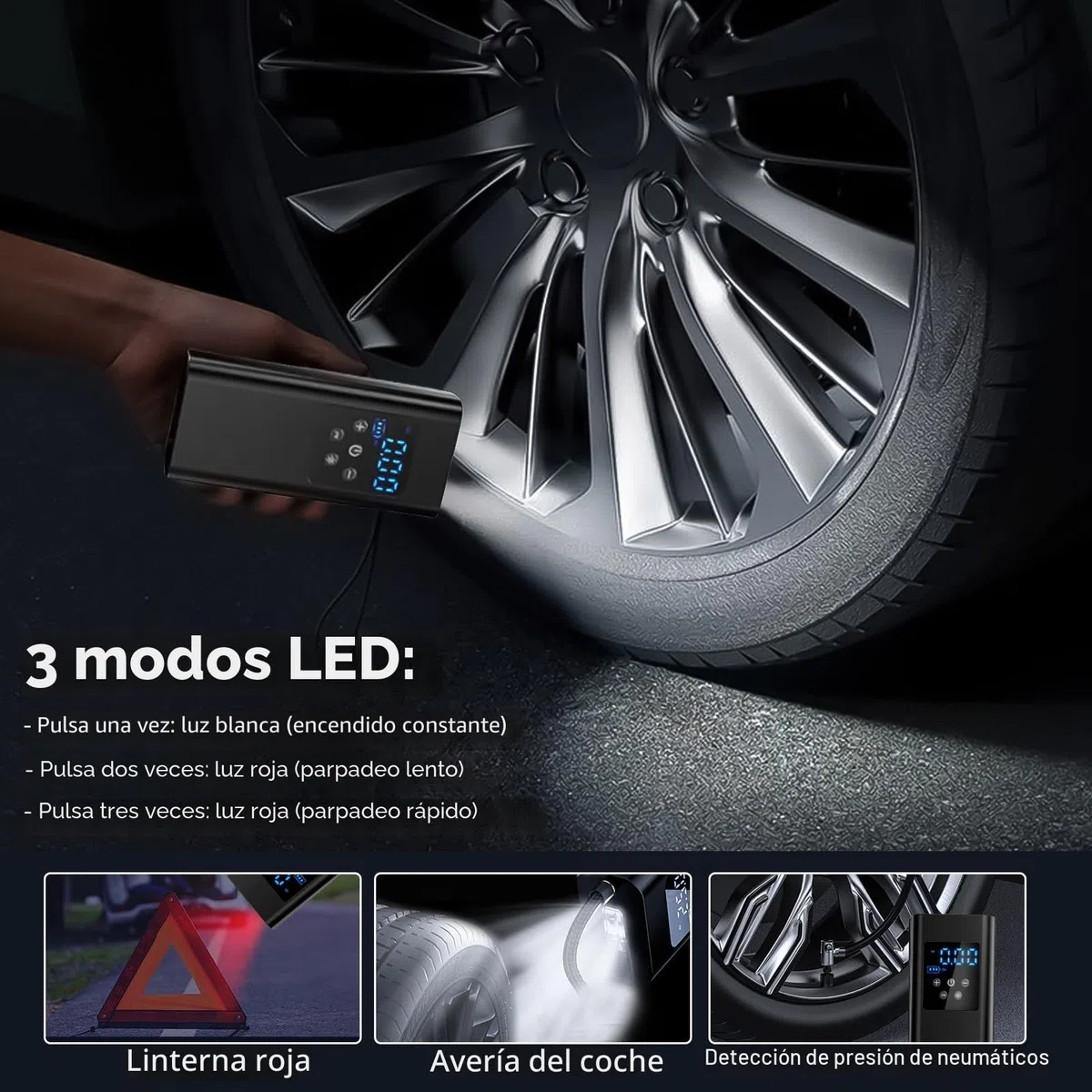150PSI Compresor Aire Portatil, 6000mAh Inflador Ruedas Coche con 4 Boquillas, Linterna LED y Sensor de Presión para Coches, Motos, Bicicleta, Pelotas