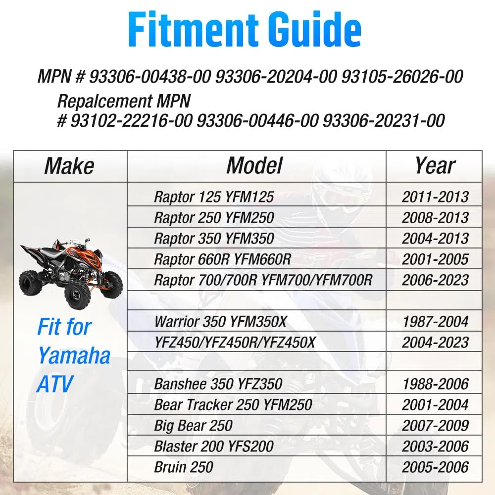 Kit cuscinetti e paraoli ruota anteriore compatibile con Yama-ha Raptor 700 660 350 250 125 Banshee 350 Warrior 350 YFZ450 Bear Tracker 250 Big Bear 250 Bruin 250 Blaster 200