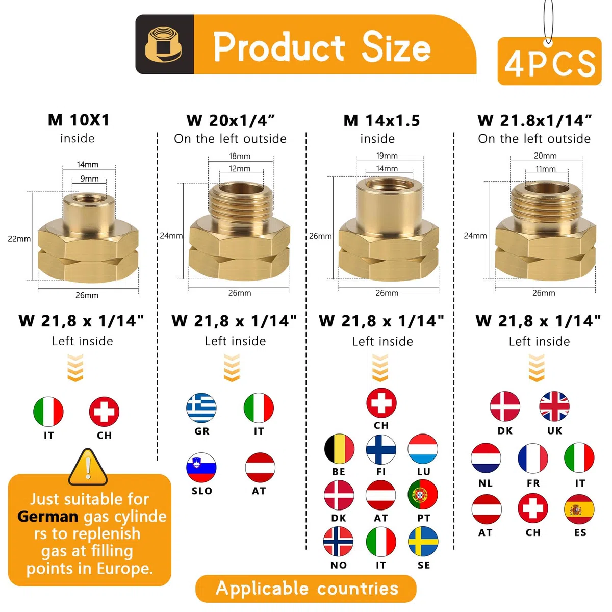 CPROSP 4 Piezas Adaptador para Botella de Gas Europa, Adaptador de Gas D1, D2, D3, D4, Ottone, para Cocinas de Gas, Vacaciones en el Extranjero o Acampada en Caravana