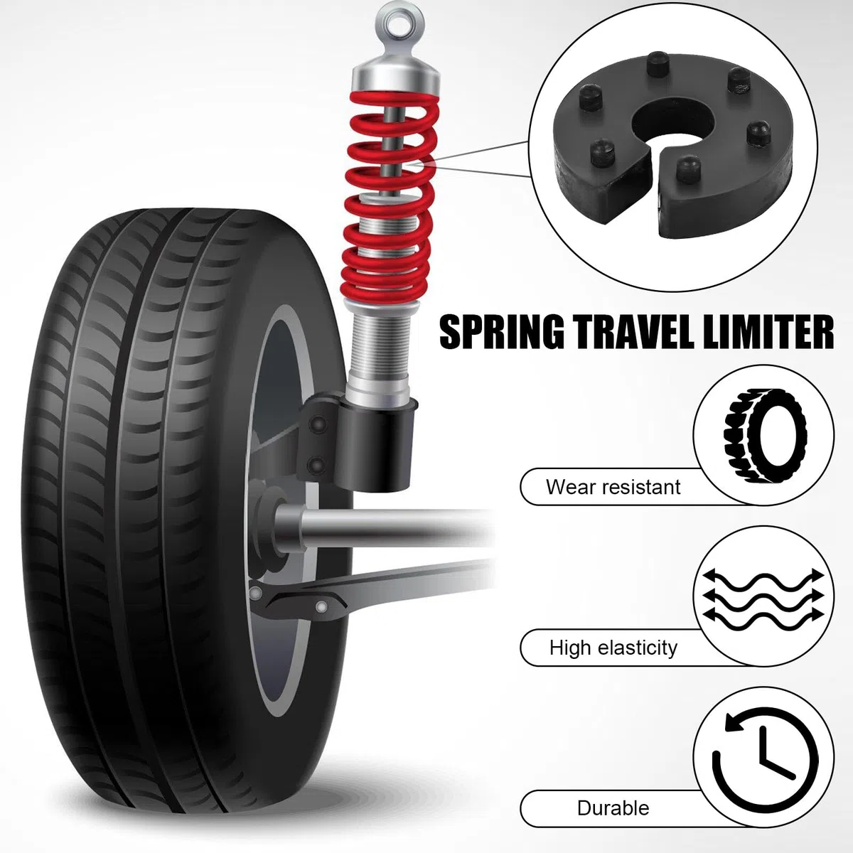 Juego de 8 limitadores de recorrido de muelle: 16 mm limitadores de recorrido de muelle universales con posicionamiento de 6 veces VA o HA, limitador de recorrido de muelle para coche stick clip