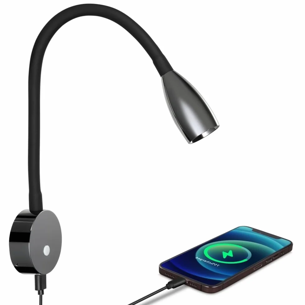 acegoo Luz de Lectura LED 12V Lámpara de Pared Flexible Cuello de Cisne Regulable DC12-24V con Cargador USB para Barco Autocaravana Caravana Camper Cabina Camión Camión (Negro Brillante)
