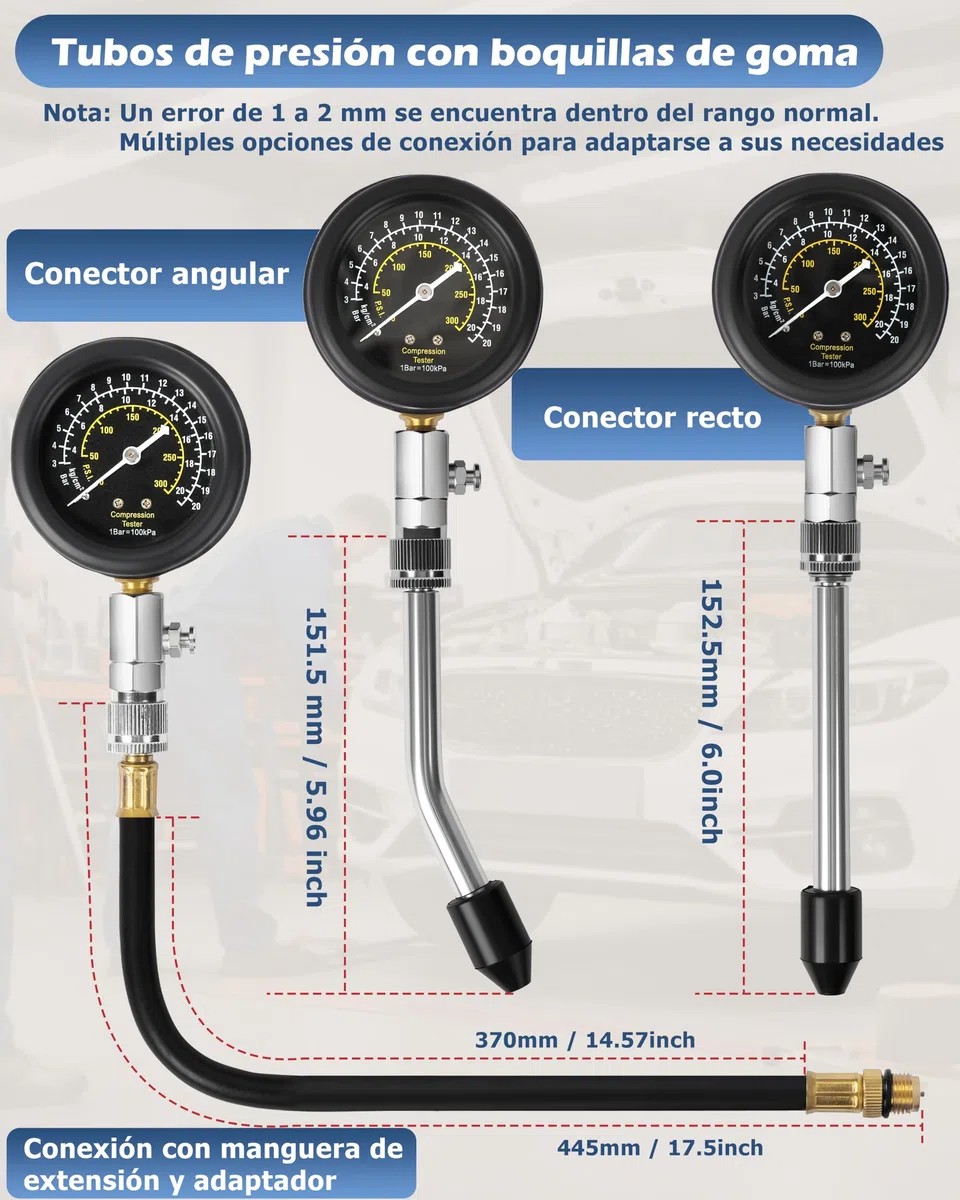DAYUAN 9 piezas Comprobador de compresión Comprobador de Compresión Motor Comprobar Compresión Medir Coche M10 M12 M14 M18 0-20 bar & 0-300 PSI