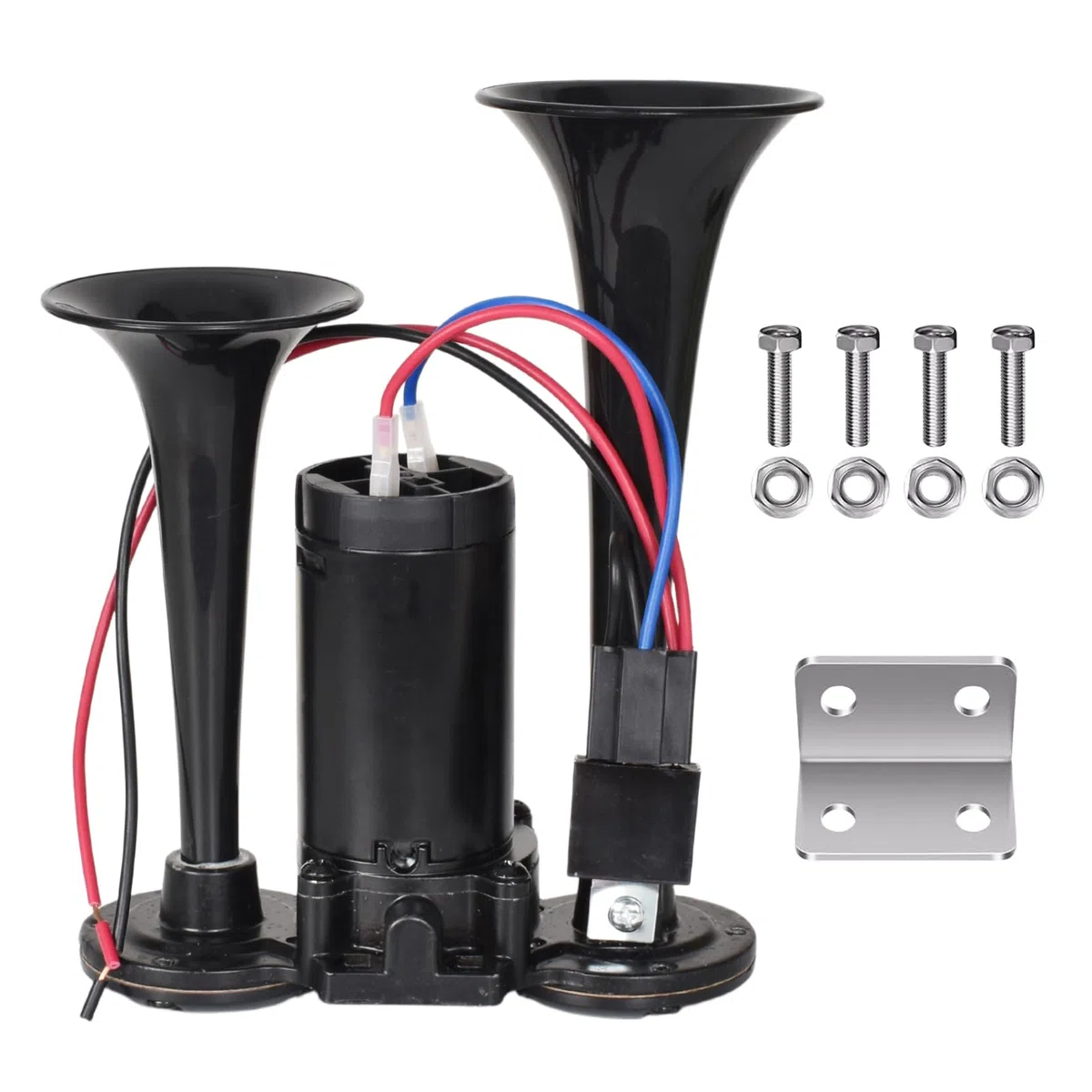 Colexy Bocina de Aire 12V, Bocina Coche Sonido Súper Fuerte 150DB Doble Trompeta, Bocina Universal con Compresor para Coches, Camiones, Motocicletas, Barcos, Trenes, Furgoneta y Más (Negro)