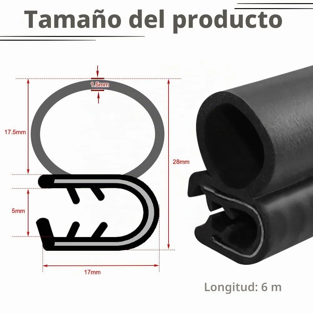 Junta de Goma Universal para Puerta de Coche, Perfil para Borde de Puerta y Maletero - Autocaravana, Barco (6m)