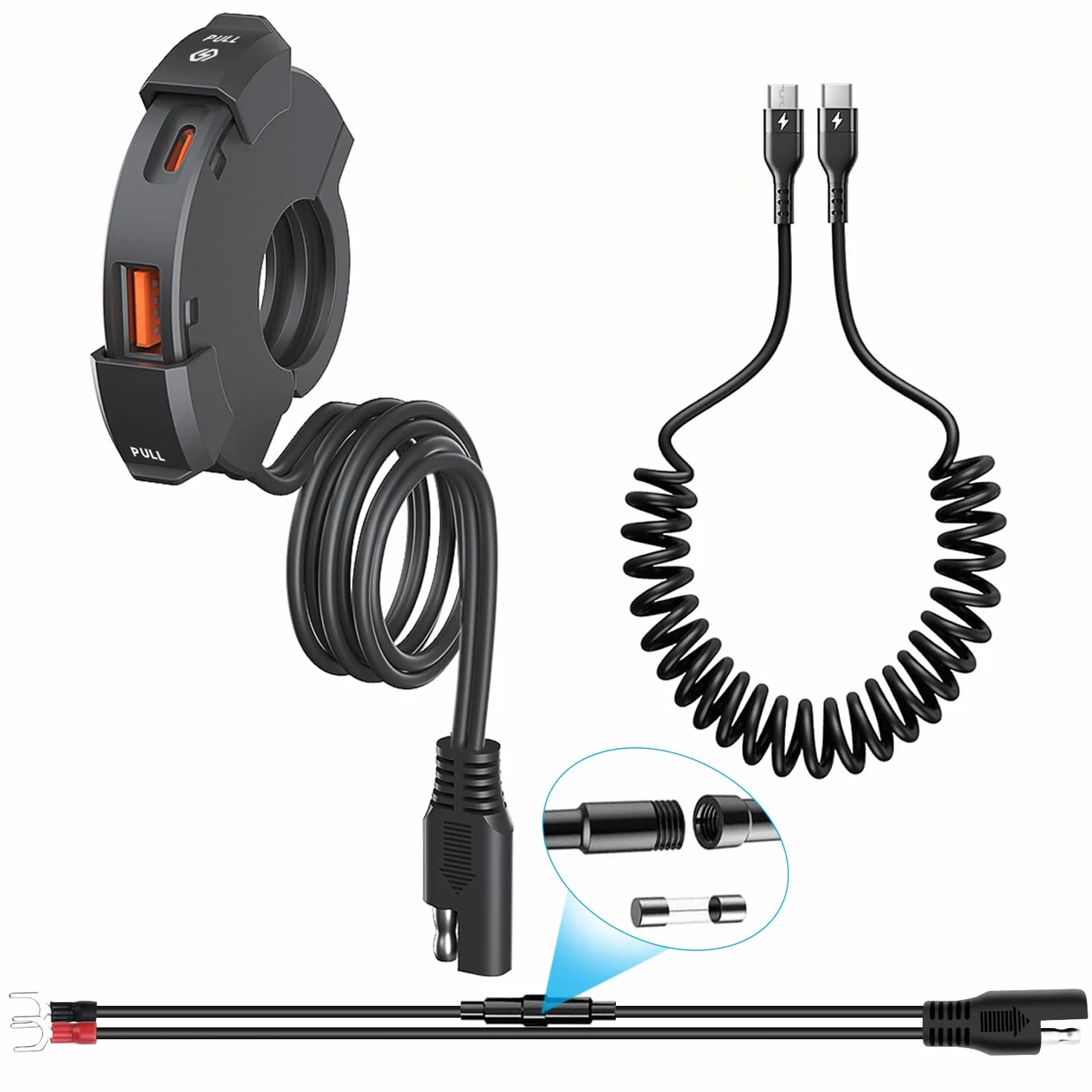 Cargador USB Moto Impermeable 18W QC3.0 USB y 30W PD Type-C,DC12V-24V Toma de Carga Type-C Motocicleta Adaptador de Carga Rápida con 5A USB-C Cable de Carga en Espiral