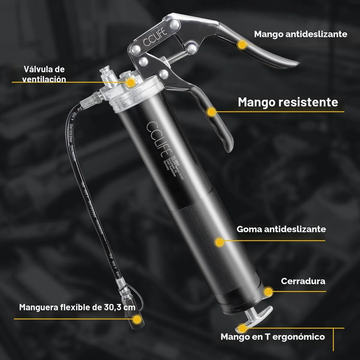 CCLIFE Pistola Engrasadora Manual 6000 PSI, Bomba de Engrase con Manguera Flexible, Engrasadora Profesional de Metal para Cartuchos de 400gr