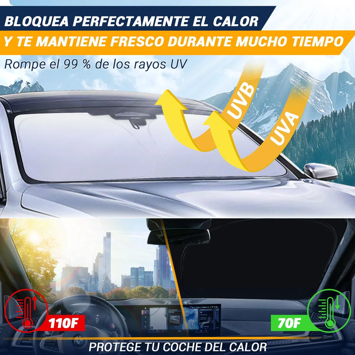Parasol Coche Delantero,Protección Solar Coche,Protección UV Coche,2025 Parasol Reflectante Plegable con Protección UV para Parabrisas de Coche (L)