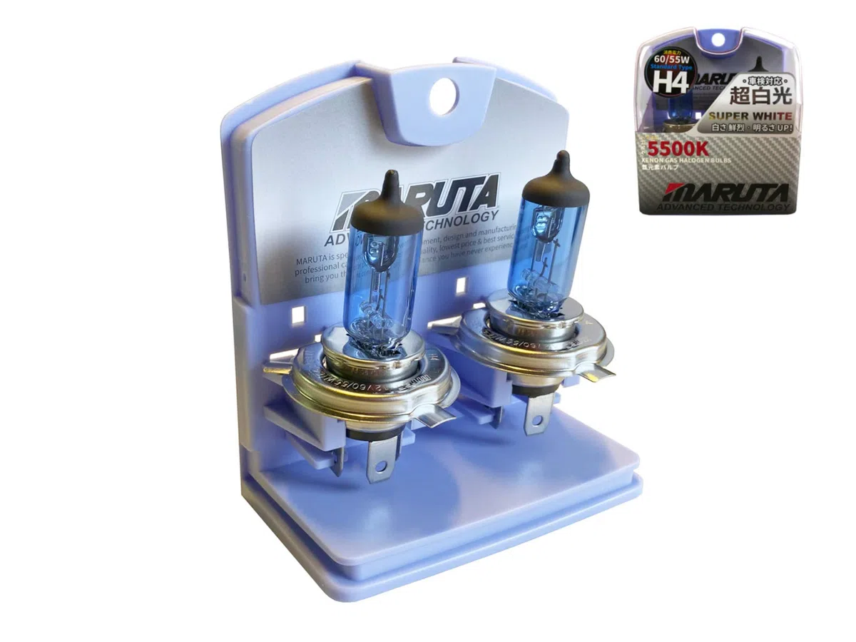 MARUTA SUPER WHITE H4 60/55W lámpara halógena 12V, casquillo P43t, efecto xenón 5500 K, vidrio de cuarzo resistente, homologación ECE