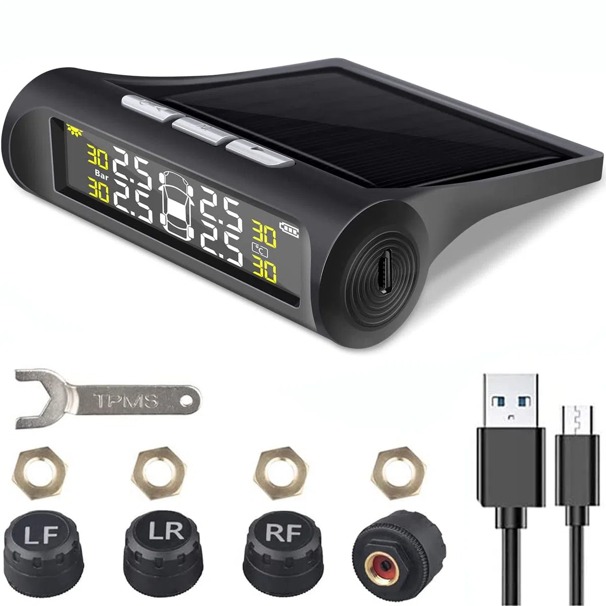 Sistema de Monitoreo de Presión de Neumáticos de Coche, 6 Modos de Alarma Inalámbrico Inteligente Monitor de Neumáticos con Carga Solar y USB, Alertas de Presión y Temperatura en Tiempo Real