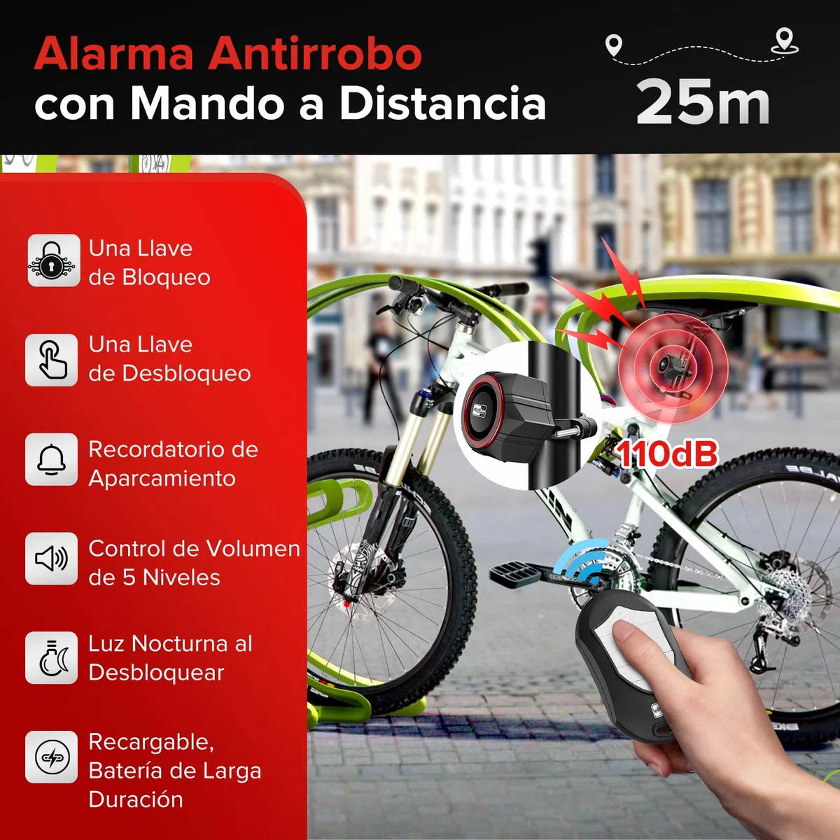 Alarma Bicicleta Antirrobo con Control Remoto Recargable USB C 110dB Impermeable Alarma Patinete Electrico para Moto Scooter Puerta