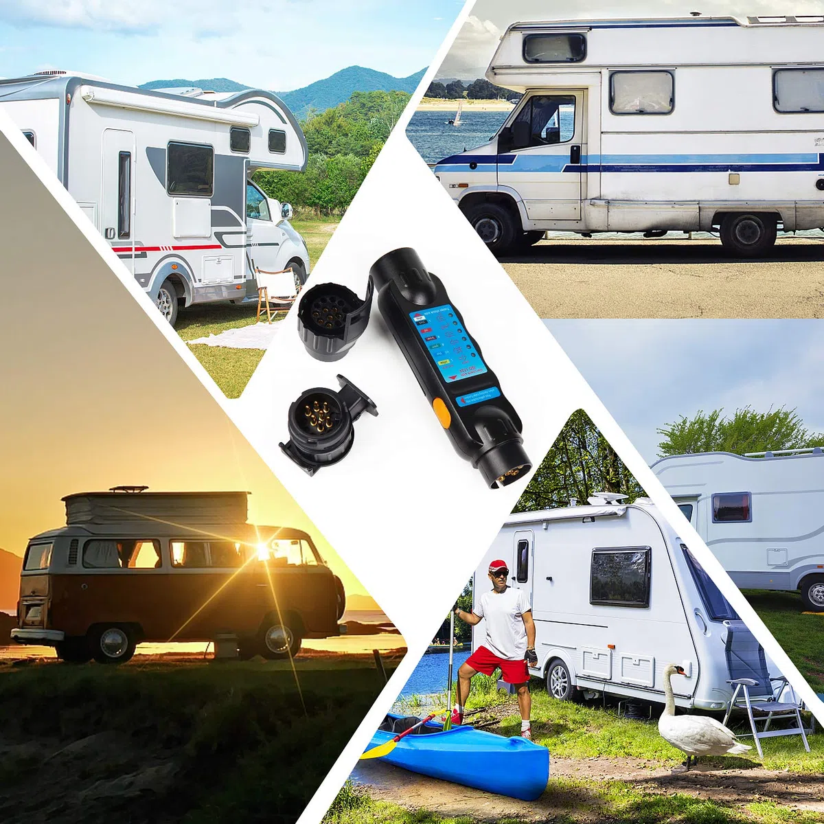 EXLECO Probador De Remolque 12V 7 Pines Conector de Enchufes Y Zócalo Herramientas de diagnóstico y Adaptador de Conector 13 Pines para Caravan o Camioneta (7 Pines probador y Adaptador)
