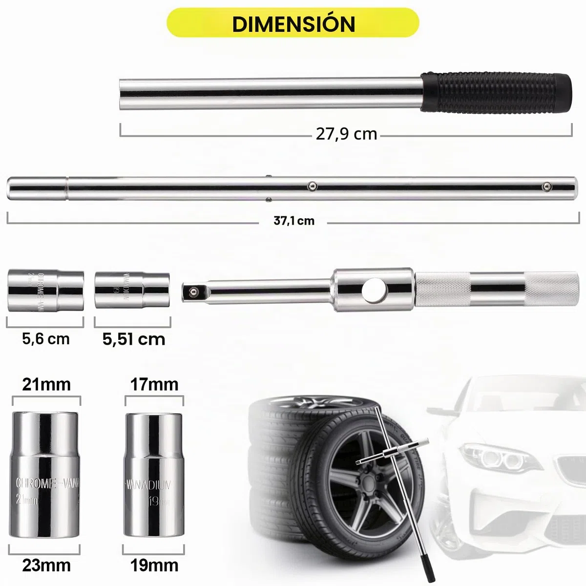 Spurtar Llave de Rueda de Cruz 17 19 21 23mm Extensible Rueda Telescópica Coche Furgoneta Brace Enchufe Neumático Tuerca Llave