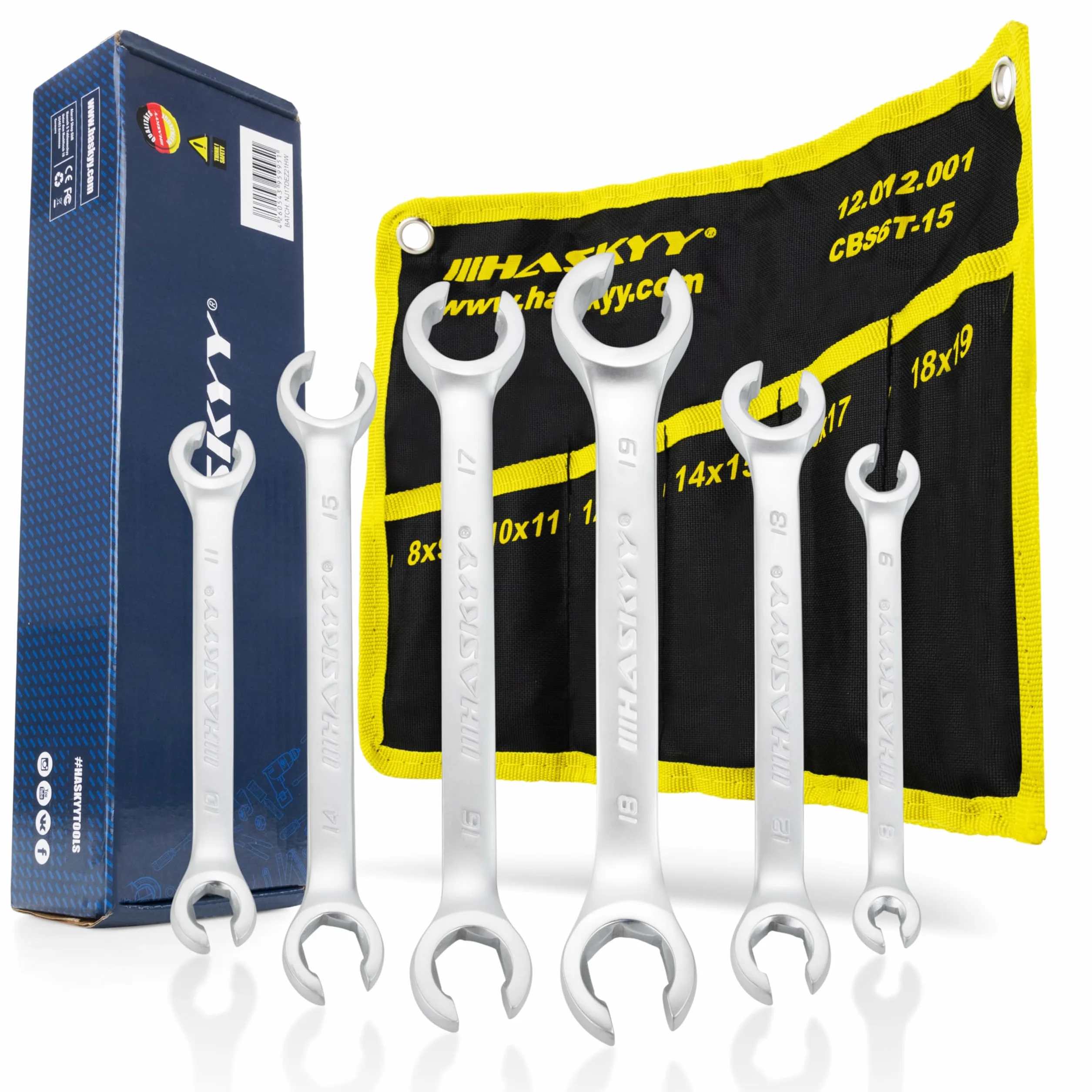 HASKYY Juego de llaves para tubos de freno I de 6 piezas I llave anular abierta I llaves para tubos de freno I tubo de frenos de 8-19 mm