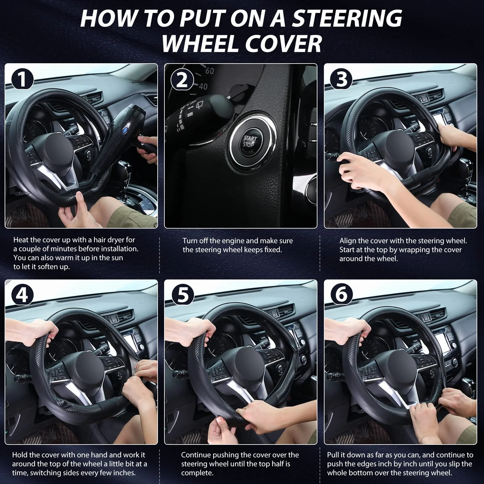 SEG Direct Funda para Volante de Automóvil Tipo D, Cubierta del Volante de Coche en Forma de D, Tamaño Estándar 37-39 cm, Parte Inferior Plana, Cuero de Microfibra, Negro con Fibra de Carbono