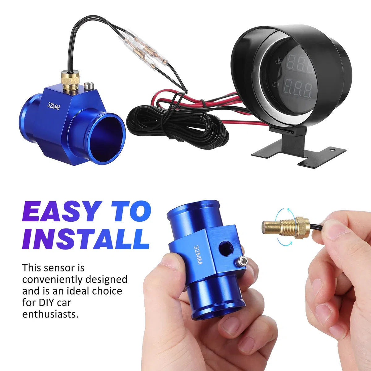 Happyyami Medidor Digital Multifunción para Temperatura Agua Y Voltaje Pantalla Led Redonda con Alarma Kit para Coche Y Moto Temperatura Coche para Control Motor Y Refrigerante