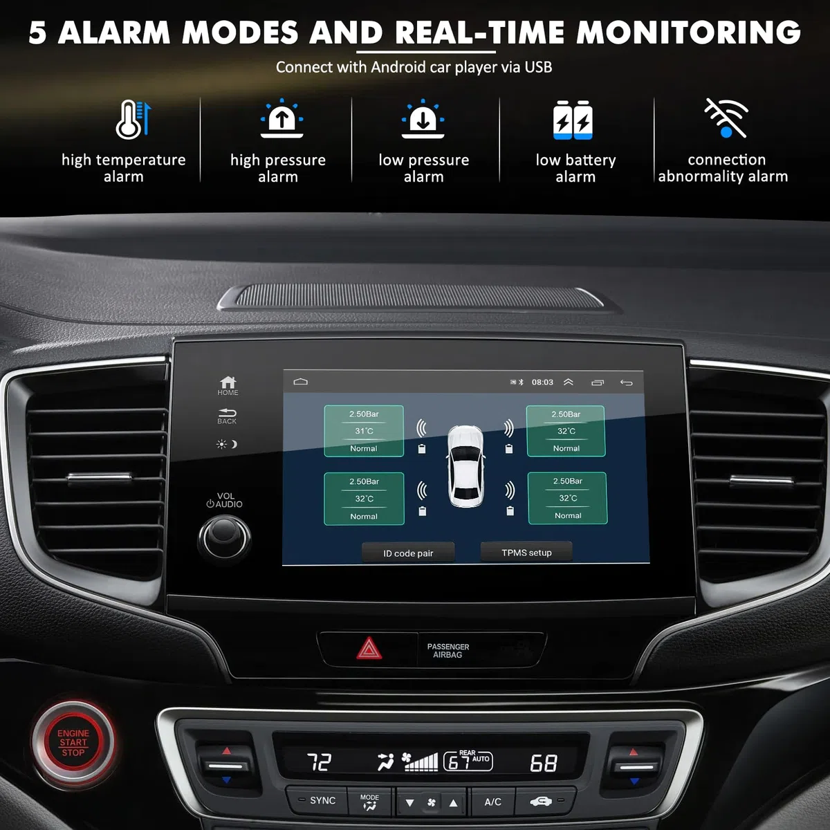 Sistema de monitoreo de presión de neumáticos de coche Liwogi con carga USB, para pantalla de navegación Android, herramienta universal de monitoreo de presión de neumáticos TPMS con 4 sensores, 8 Bar