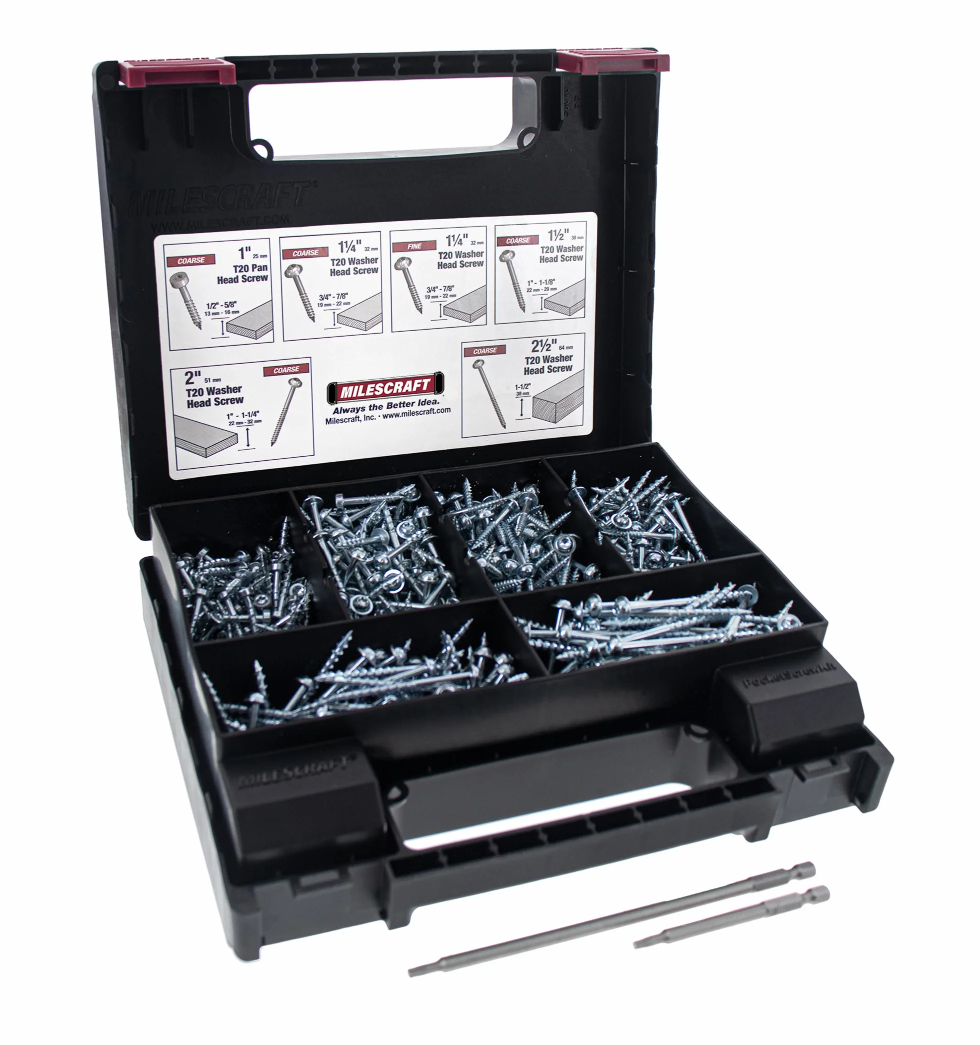 Milescraft Kit de tornillos de bolsillo 5200, 700 piezas T20 de agujeros de bolsillo recubiertos de zinc con 6 tamaños de tornillos, destornilladores Torx T20 de 3 y 6 pulgadas incluidos, todos los