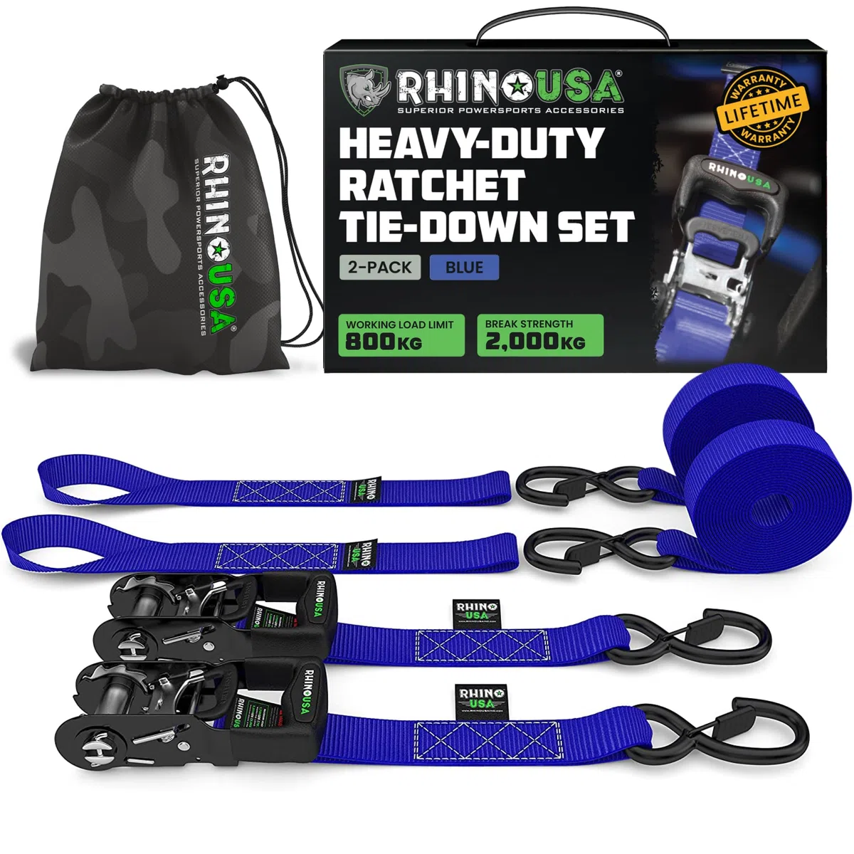 Rhino USA Kit Correas de Amarre Servicio Pesado (Paqeute de 2) 4cmx2,4m (2000kg de Resistencia a la Rotura) - Cinchas Fijación Últimas con Ganchos de Seguridad para Camionetas, ATV, UTV, Motos - Azul