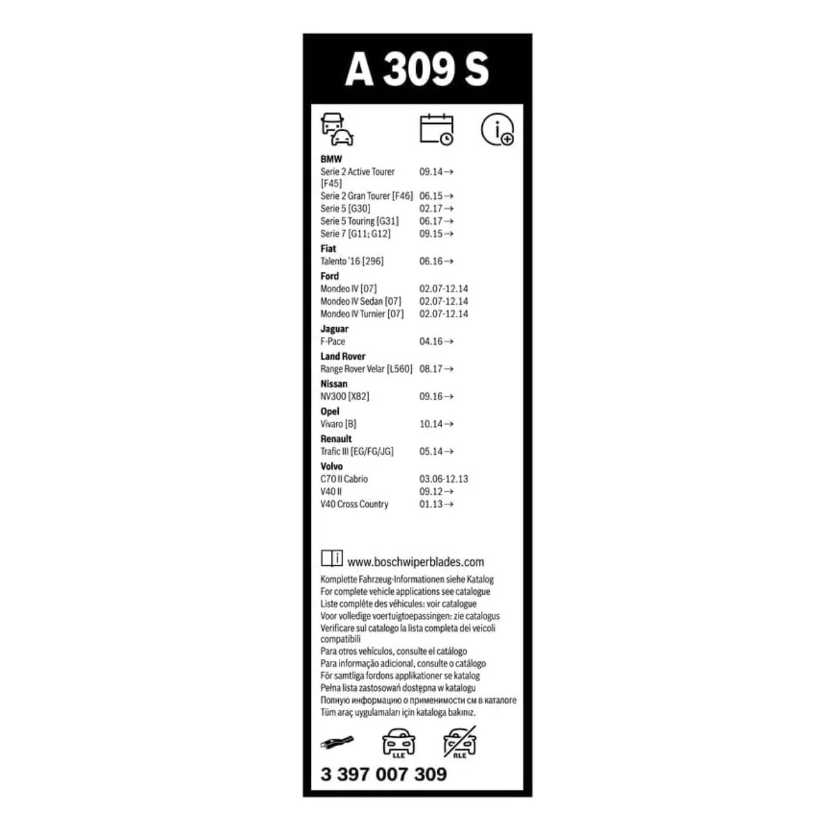Bosch Aerotwin A309S Limpiaparabrisas Frontal - Set de Escobillas de Recambio para una Mayor Seguridad en la Conducción, con Adaptador Premontado, 65cm/47,5cm