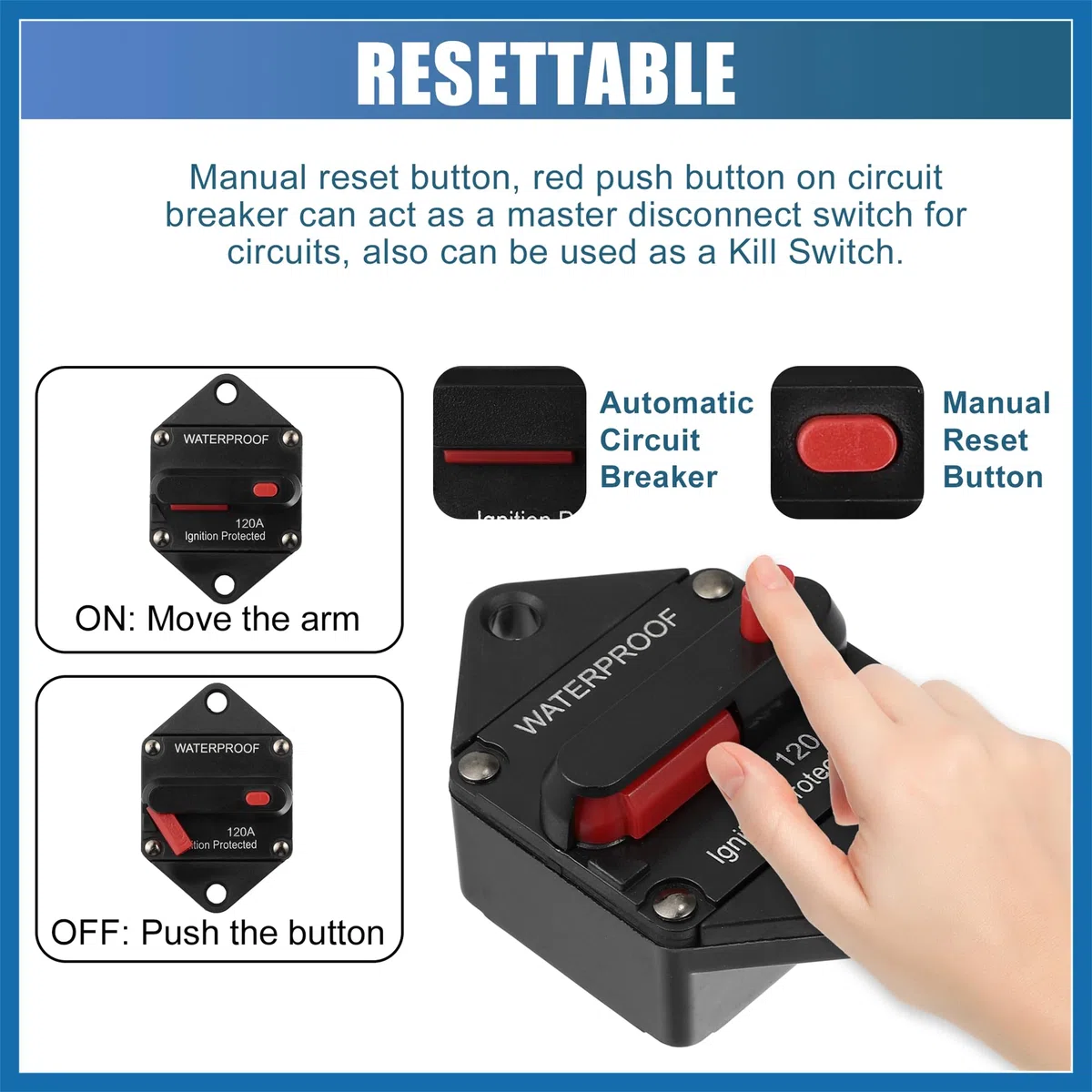 A ABSOPRO Impermeable 120A Circuito Disyuntor con Auto Restablecimiento Fusible12V- 48V DC Reemplazo de artículo