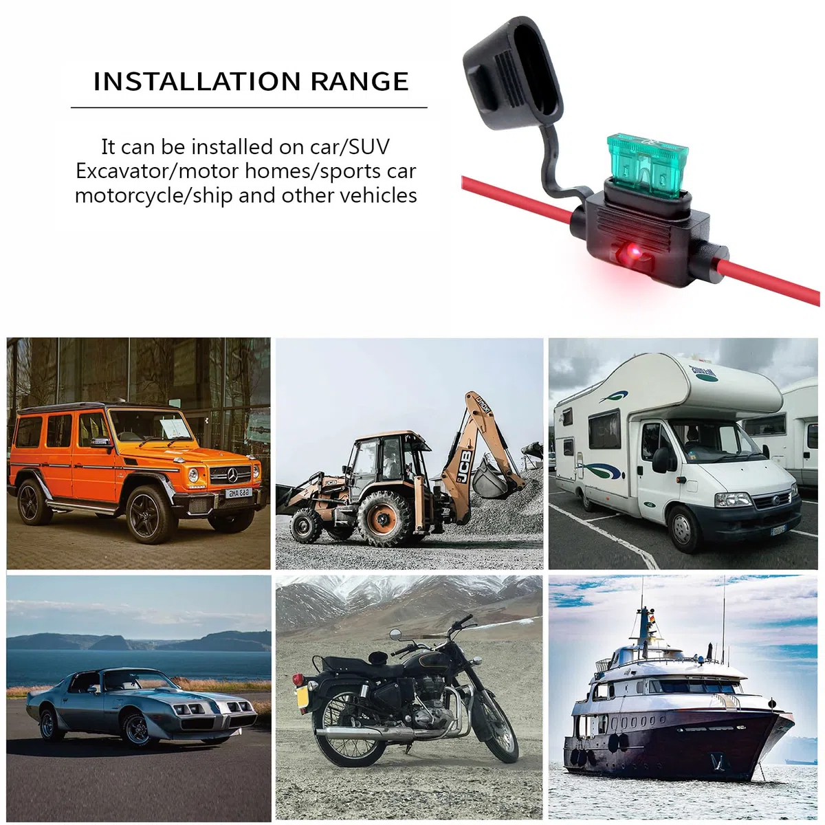Portafusible LED en línea/aéreo impermeable/estanco IP67 para fusibles ATO/ATC de cuchilla, 12V-32V DC, hasta 30A, cable 12 AWG – Para coche, barco, moto, camper y sistemas solares – Pack 5
