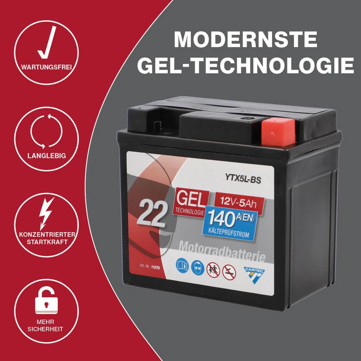 Batería Moto CARTEC YTX5L-BS 5Ah 80A Batería Tecnología Gel Fabricante Equipo Original Calidad Ciclo Almacenamiento Seguro Mantenimiento