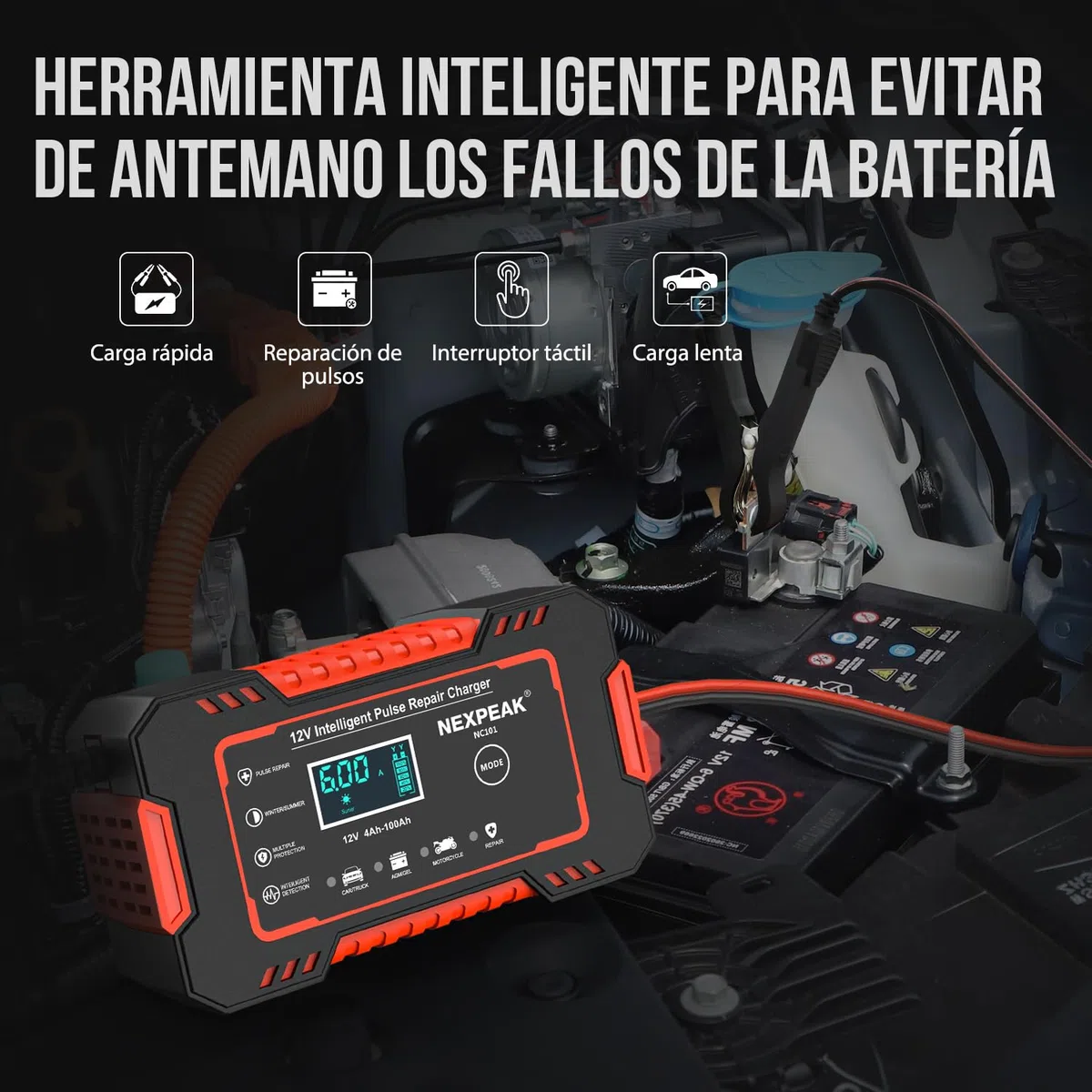 Cargador de Batería de Coche, NEXPEAK 6A 12V Cargador de baterias Coche y Moto Inteligente con Reparación y Pantalla LCD y Cargadors de batería para Auto,Moto, Camión, AGM, SLA, Gel
