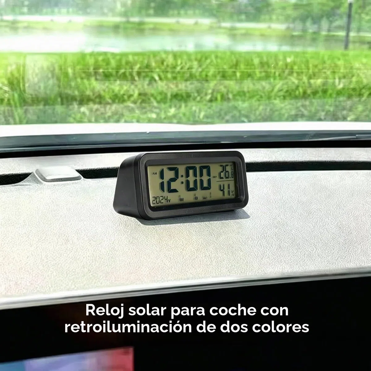 Reloj de Tablero de Automóvil, 3 en 1 Reloj Coche Solar de Automóvil Digital/Termómetro/Higrómetro, Mini Autoadhesivo Reloj Temperatura Coche Salpicadero, para Hogar y Coche