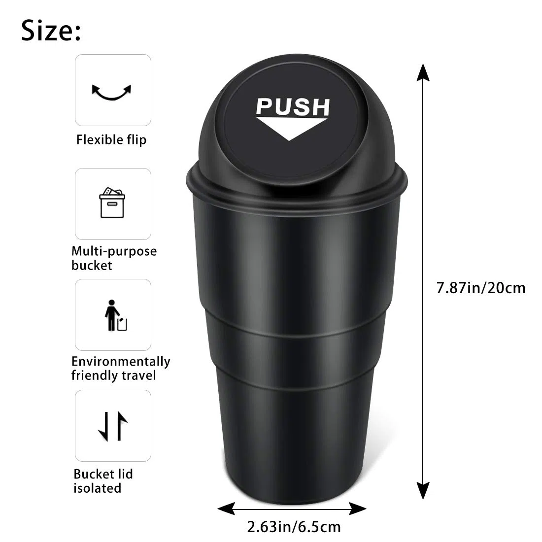 Cubo de basura para coche con tapa, a prueba de fugas, contenedor de basura pequeño para automóvil, oficina, hogar, cocina, dormitorio, set de 2 (negro)