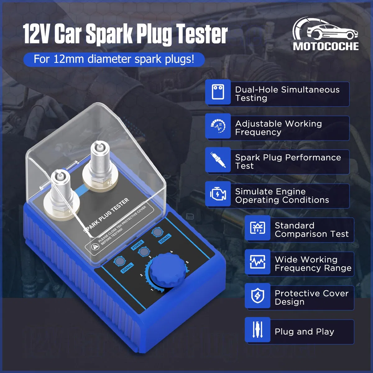 220V Comprobador de Bujías Coche, Doble Agujero Detector Analizador Bujías para 12V Gasolina Vehiculos Moto, 0-6000rpm Frecuencia Ajustable, para 12mm Bujías, Azul