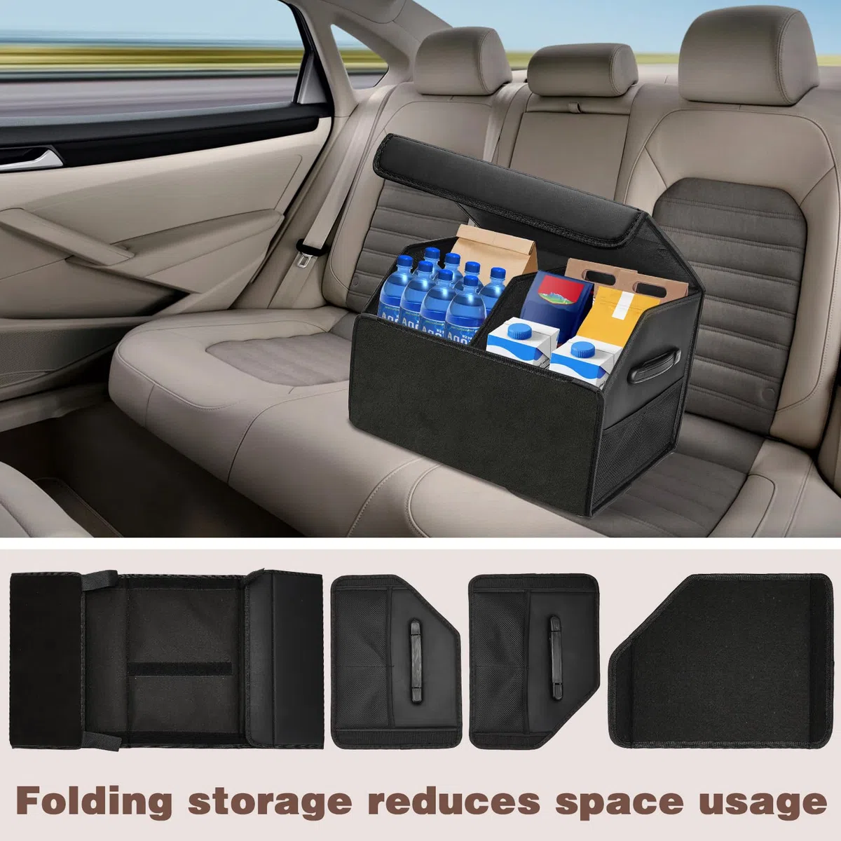 Organizador de Coche para Almacenamiento, 40L Organizador de Maletero de Coche, Caja de Almacenamiento de Cuero Plegable, Bolsa Antideslizante para Maletero para todos vehículos(Negro)