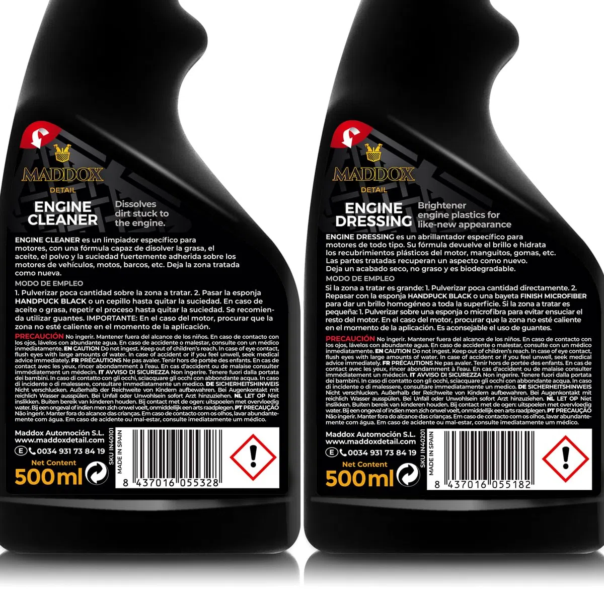 Maddox Detail - Limpia Motores e Hidratador de Plásticos para Coche | Set Limpieza de Coche para limpiar y cuidar tu motor | Hidratador de Gomas para Coche | Limpia Motor | Engine Care Kit 2x500ml