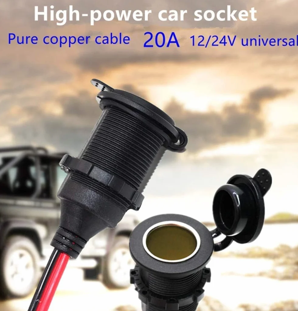 12V / 24V DC Toma de mechero fija, Impermeable Marine Grade Enchufe del Encendedor de Cigarrillos Outlet，Cable alargador de 3m 14AWG 20A,Coche, Motocicleta, Barco