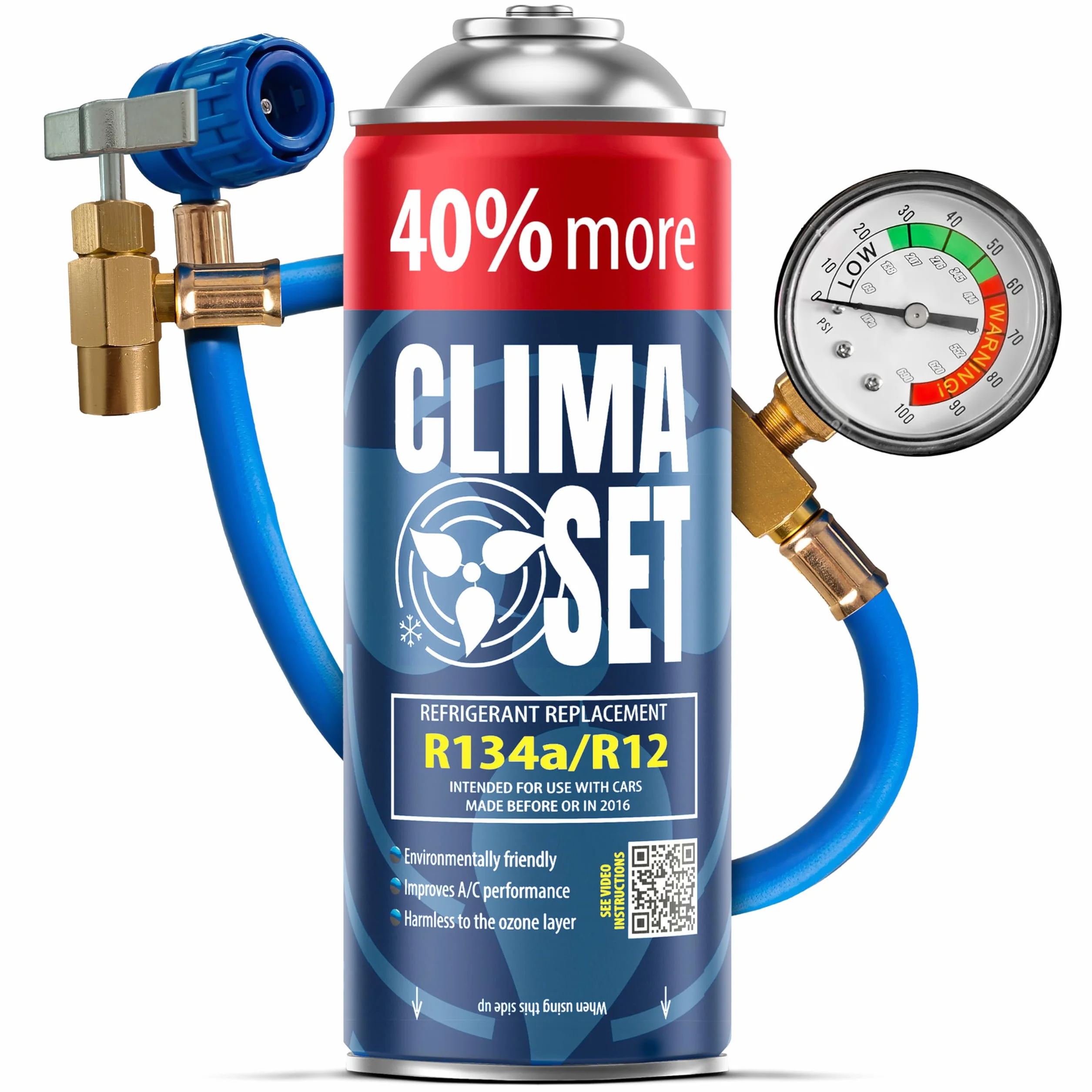 ClimaSet Recambio gas R134a R12 con manguera - manometro – Kit recarga aire acondicionado coche 1x235 g - Sustituto del refrigerante R134a - Gas aire acondicionado coche - ECO