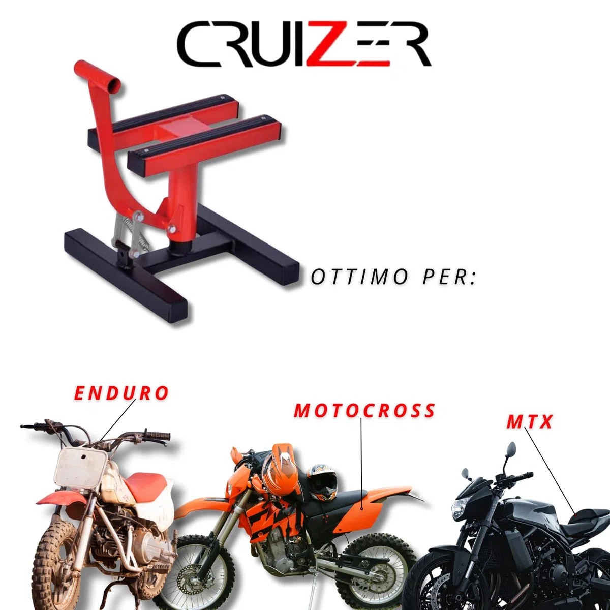Cruizer - Caballete central para mantenimiento de motocicletas de cross o enduro, carga máxima 200 kg rojo