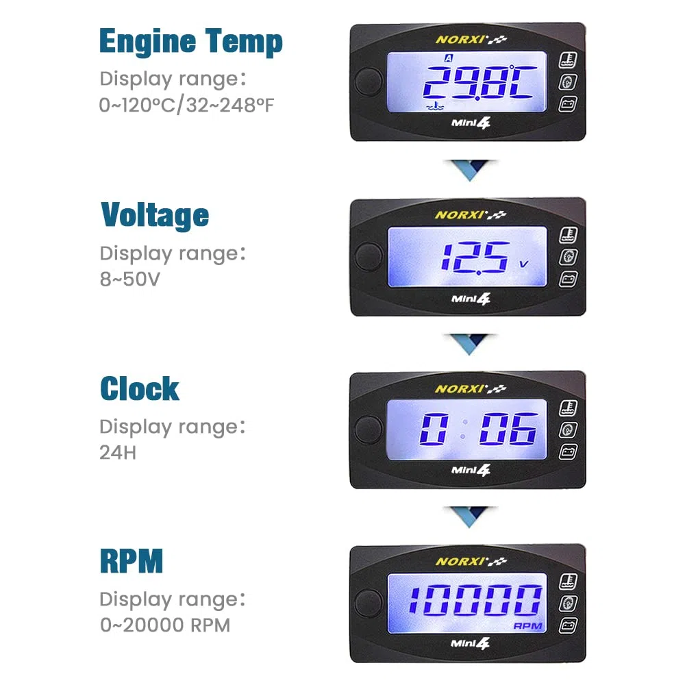 Medidor multifunción 4 en 1 para motocicleta Mini 4 metros (tacómetro RPM+temperatura de la culata del cilindro+voltímetro+reloj) 4 en 1 multímetro digital de calibre multifuncional (10mm)