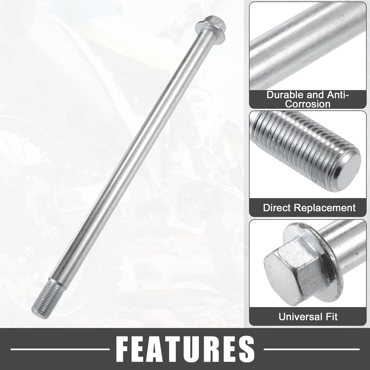 A ABSOPRO Eje delantero Trasero con Buje y Tornillo M14 258mm para Moto de Tierra Scooter ATV Rueda Eje de Acero Aleado Tono Plateado