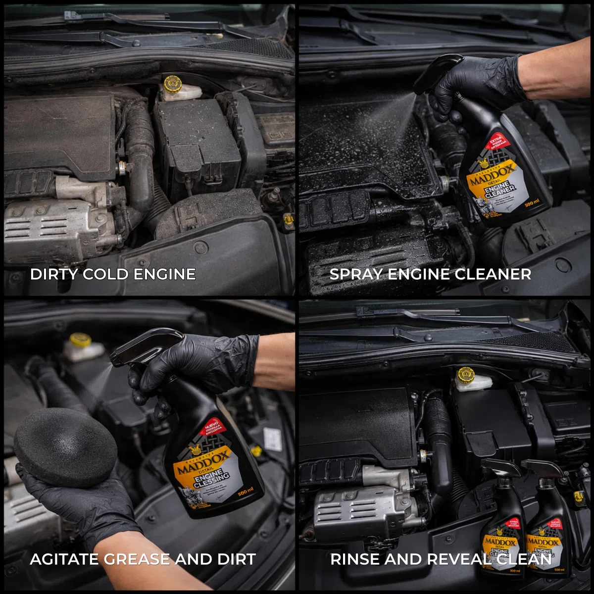 Maddox Detail - Limpia Motores e Hidratador de Plásticos para Coche | Set Limpieza de Coche para limpiar y cuidar tu motor | Hidratador de Gomas para Coche | Limpia Motor | Engine Care Kit 2x500ml